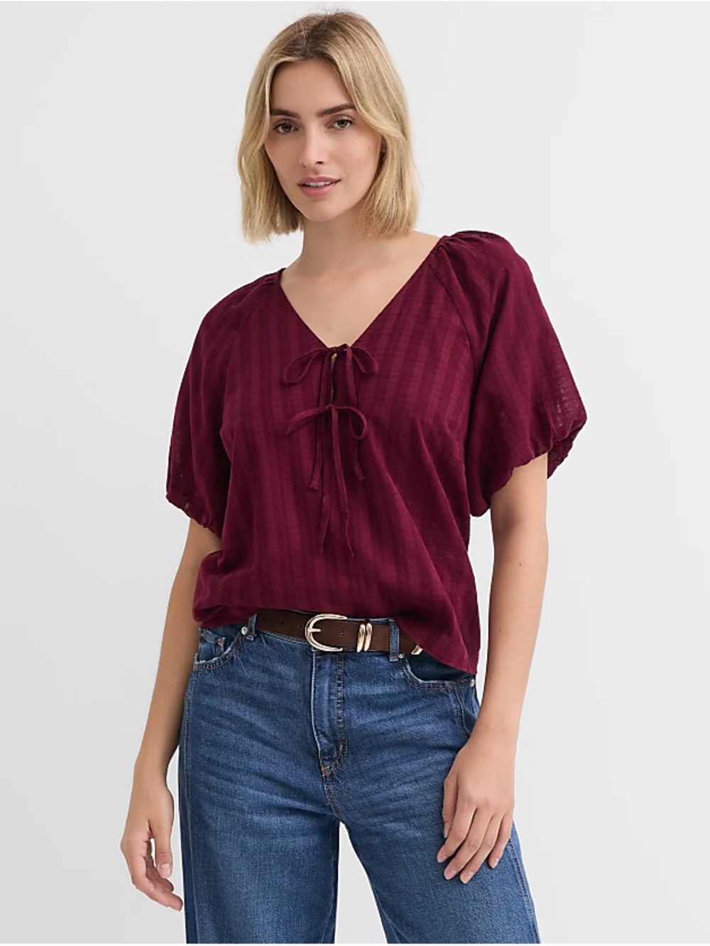 LOFT Burgundy Tie-Front V-Neck Blouse